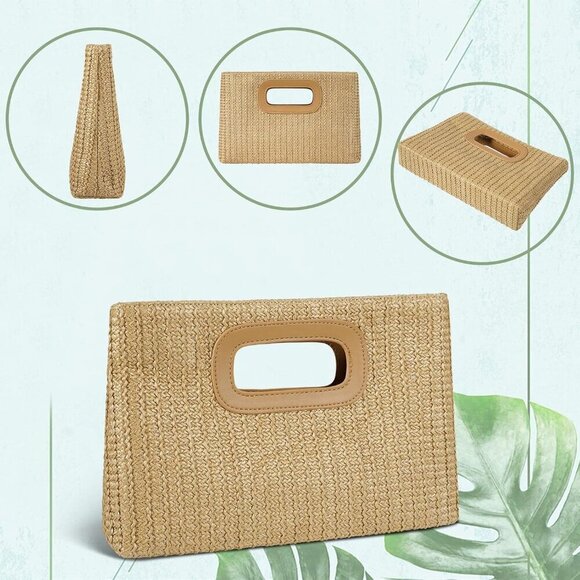 Women Straw Clutch Handbag Small Shoulder Crossbody Purse with Gold Chain